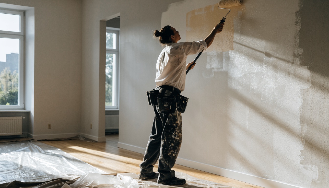 Painter rolling a wall in a bright apartment