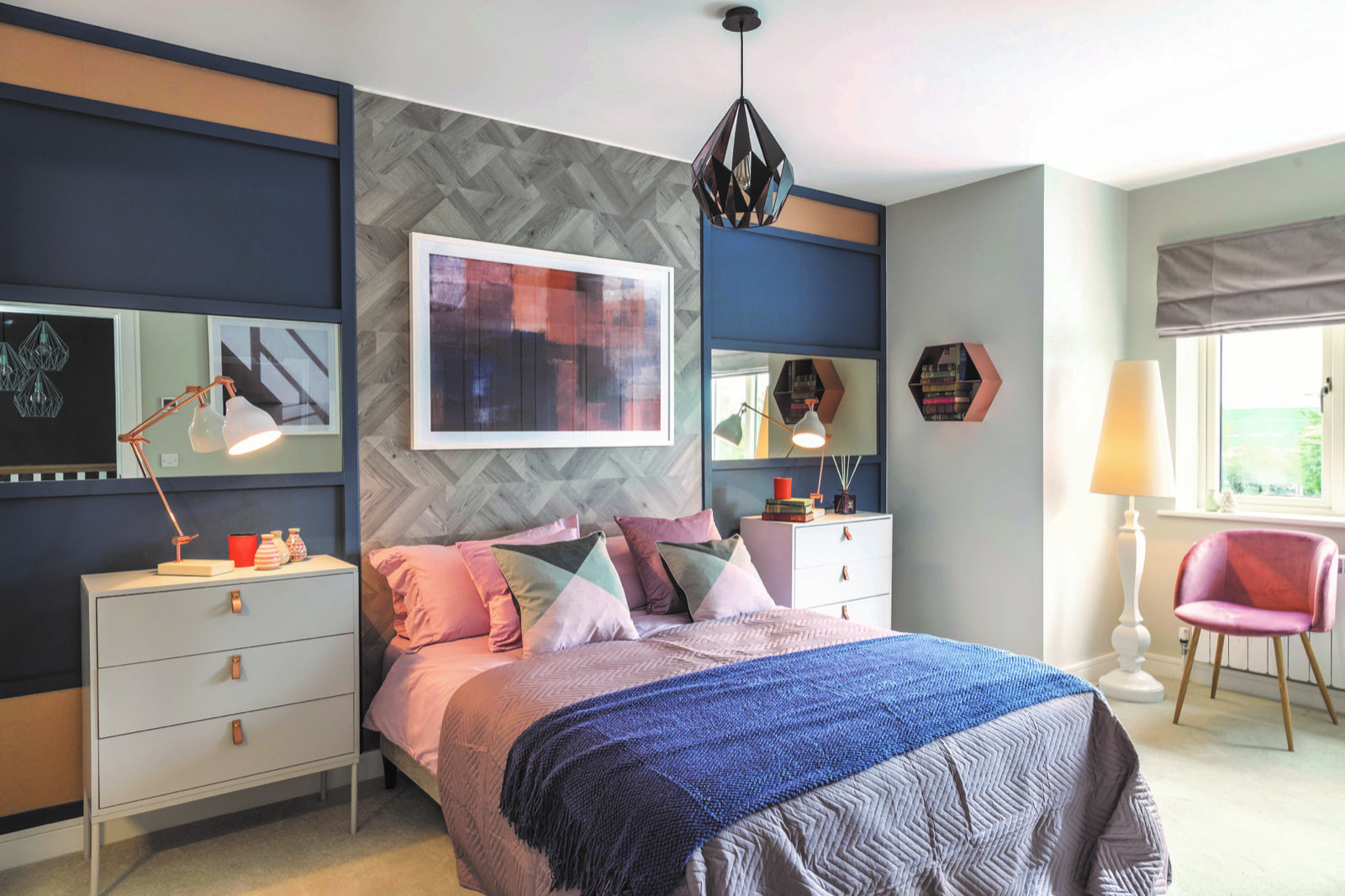 Show home bedroom with navy panelling at Auburn Green