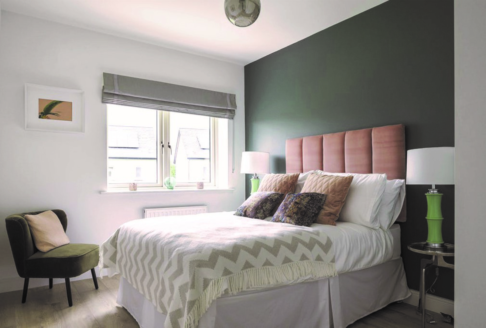 Bedroom with green feature wall at Elsmore, Naas