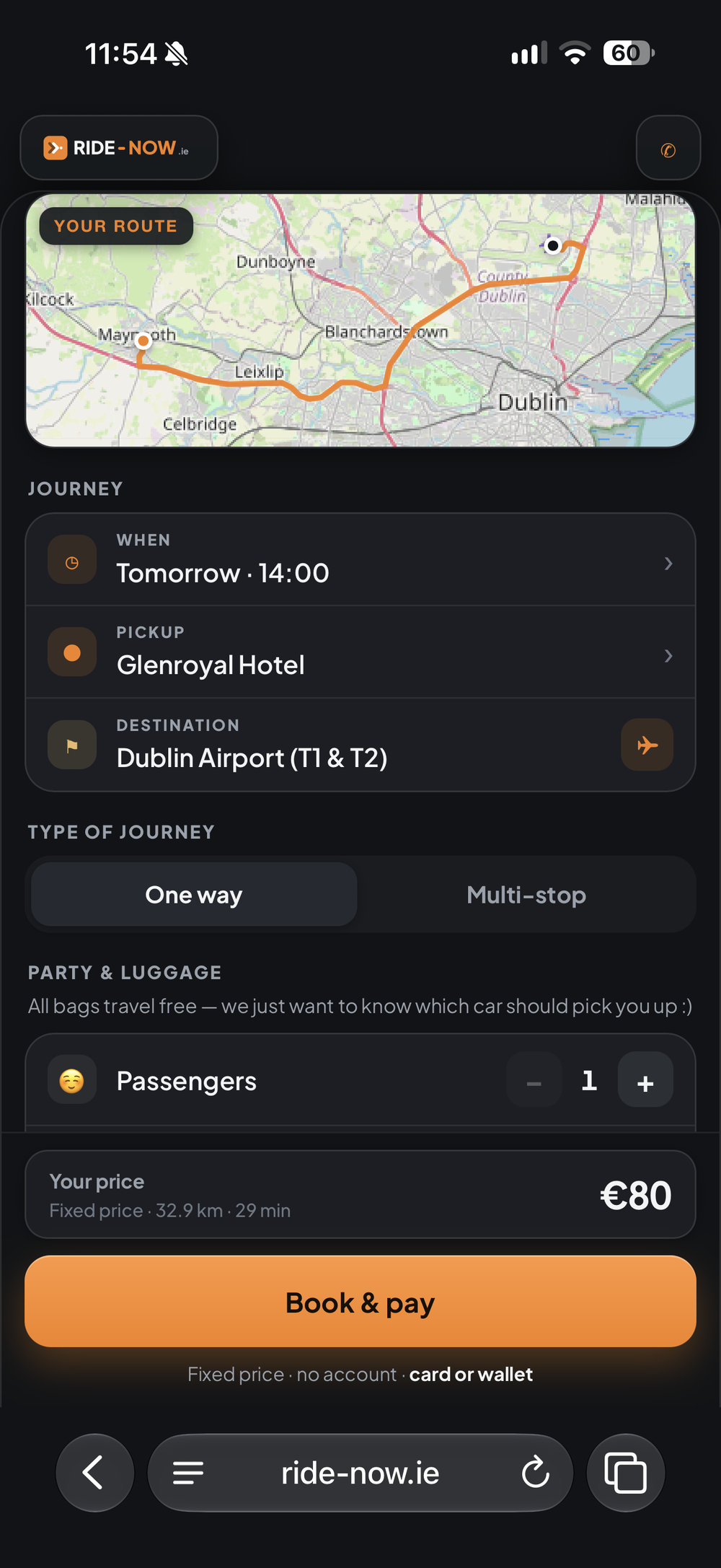 Ride-Now booking screen with fixed price