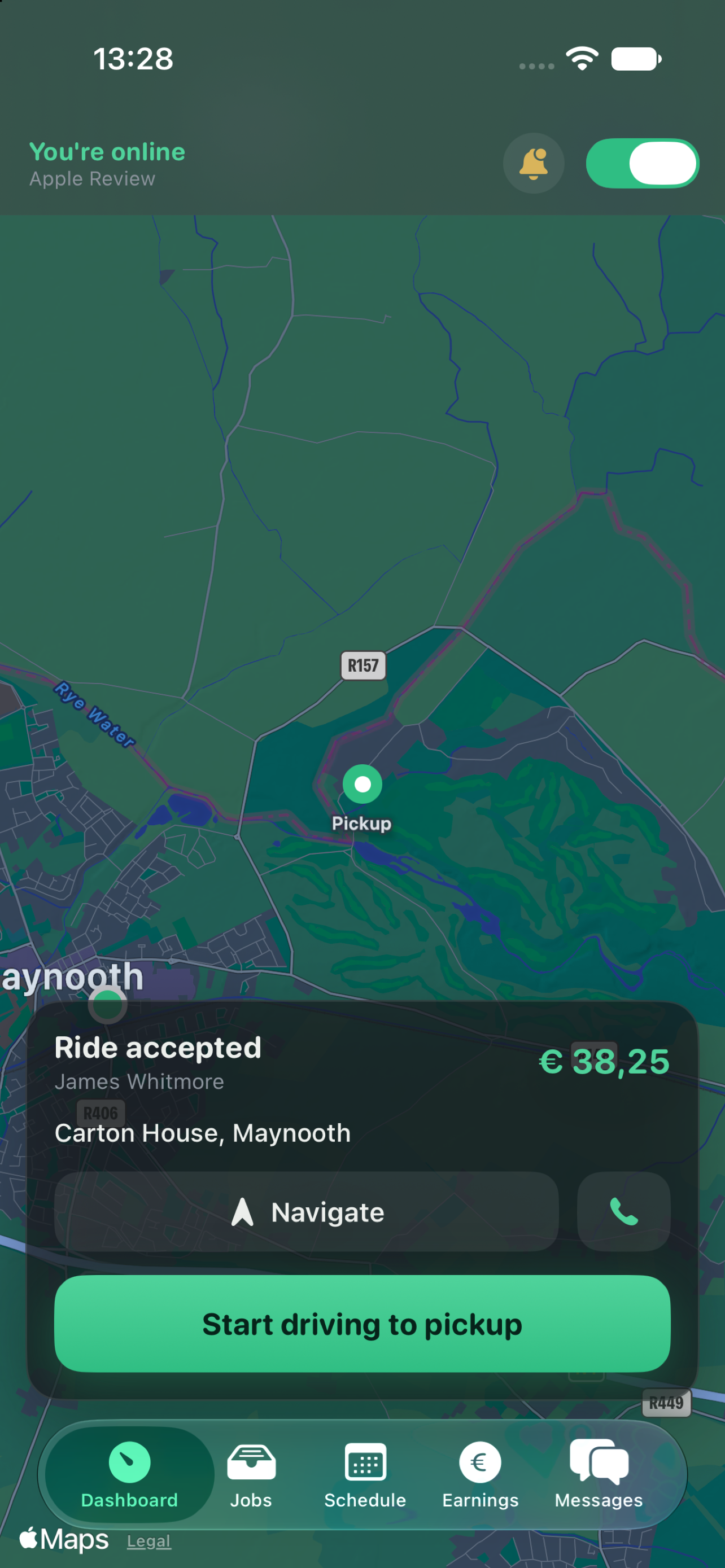 Ride-Now driver app with an accepted ride